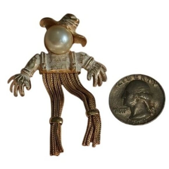 Vintage Scarecrow Brooch Fringe Legs Faux Pearl Head - Picture 4 of 7